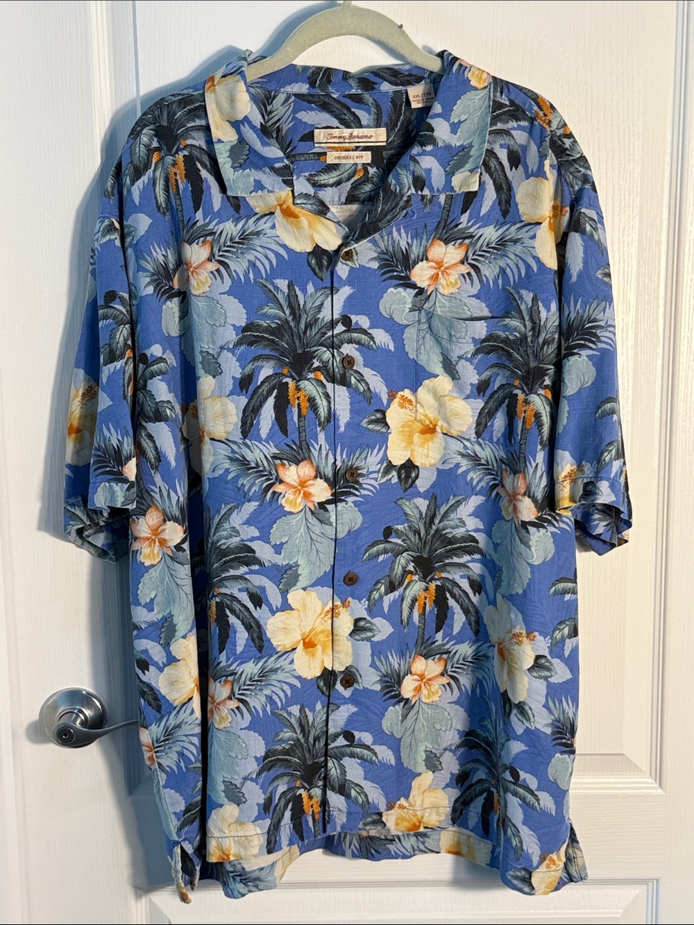 Tommy Bahama Blue Tropical Floral Camp Shirt Yellow Hibiscus Washable Silk XXL